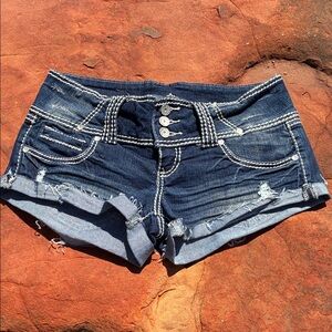 Almost Famous Dark Blue Distressed Denim Shorties shorts low rise 9